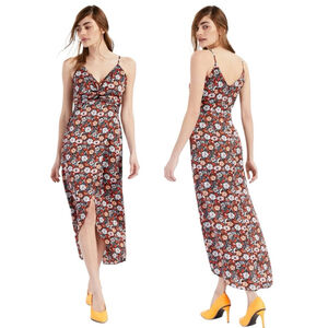 BAR III DRESSES Twist-Front Hammered Satin Hi-Low Midi, L, Floral Multi